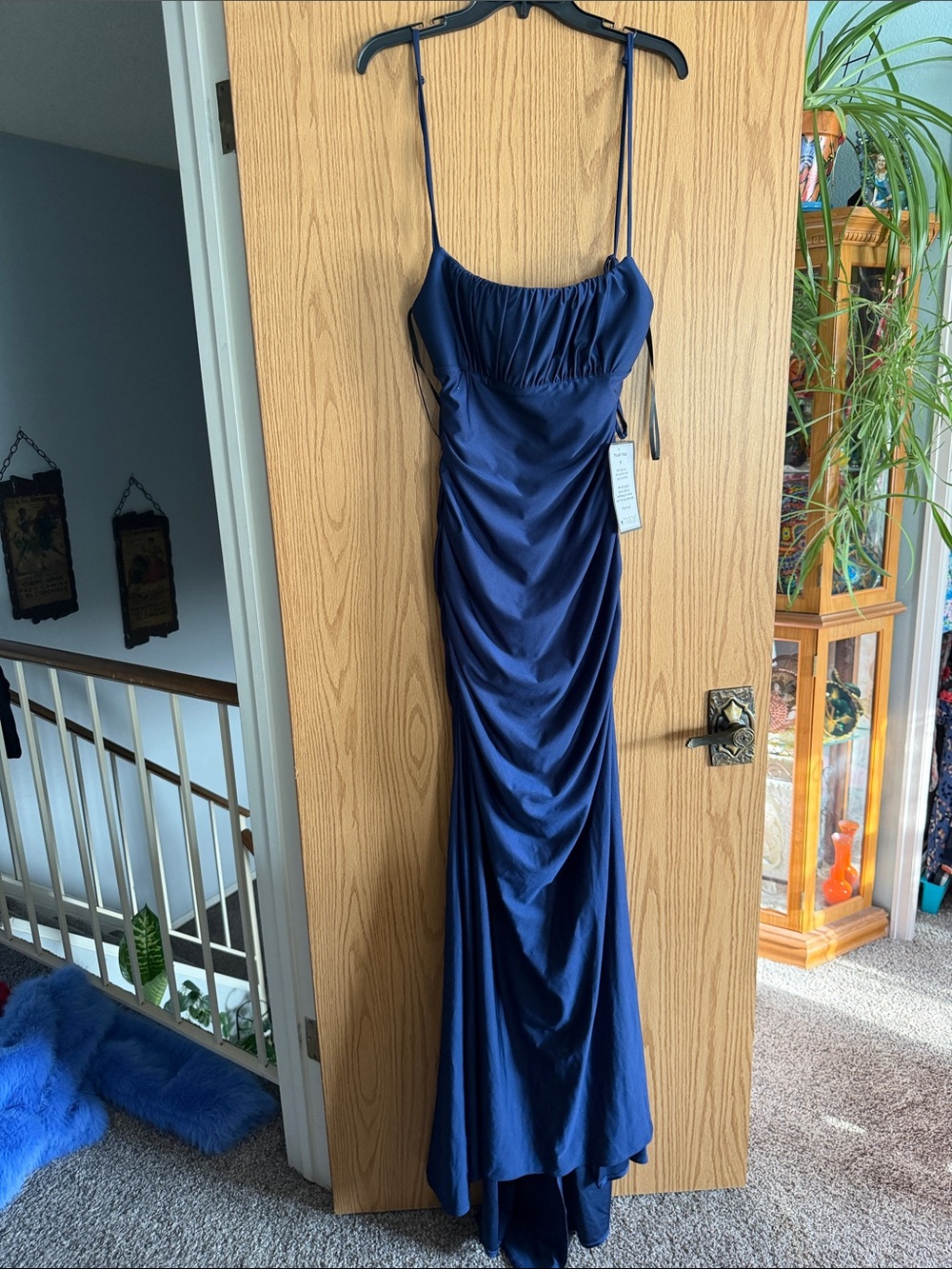 B Darlin Navy Satin Ruched Maxi Dress with Spaghetti Straps